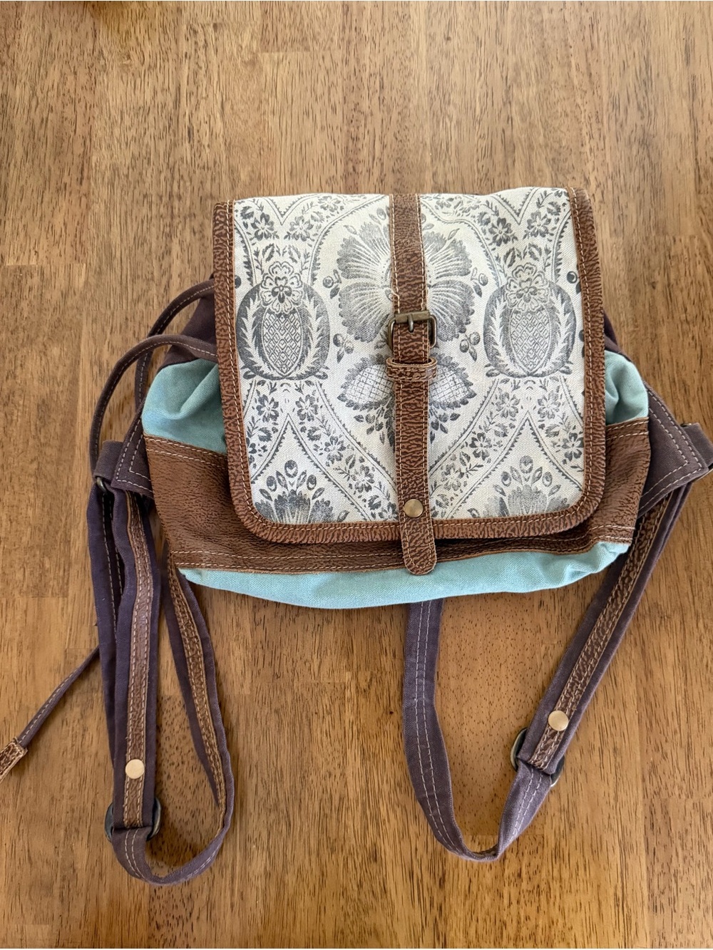 Myra Bag Boho Patterned Canvas & Faux Leather Mini Backpack- Light Blue
